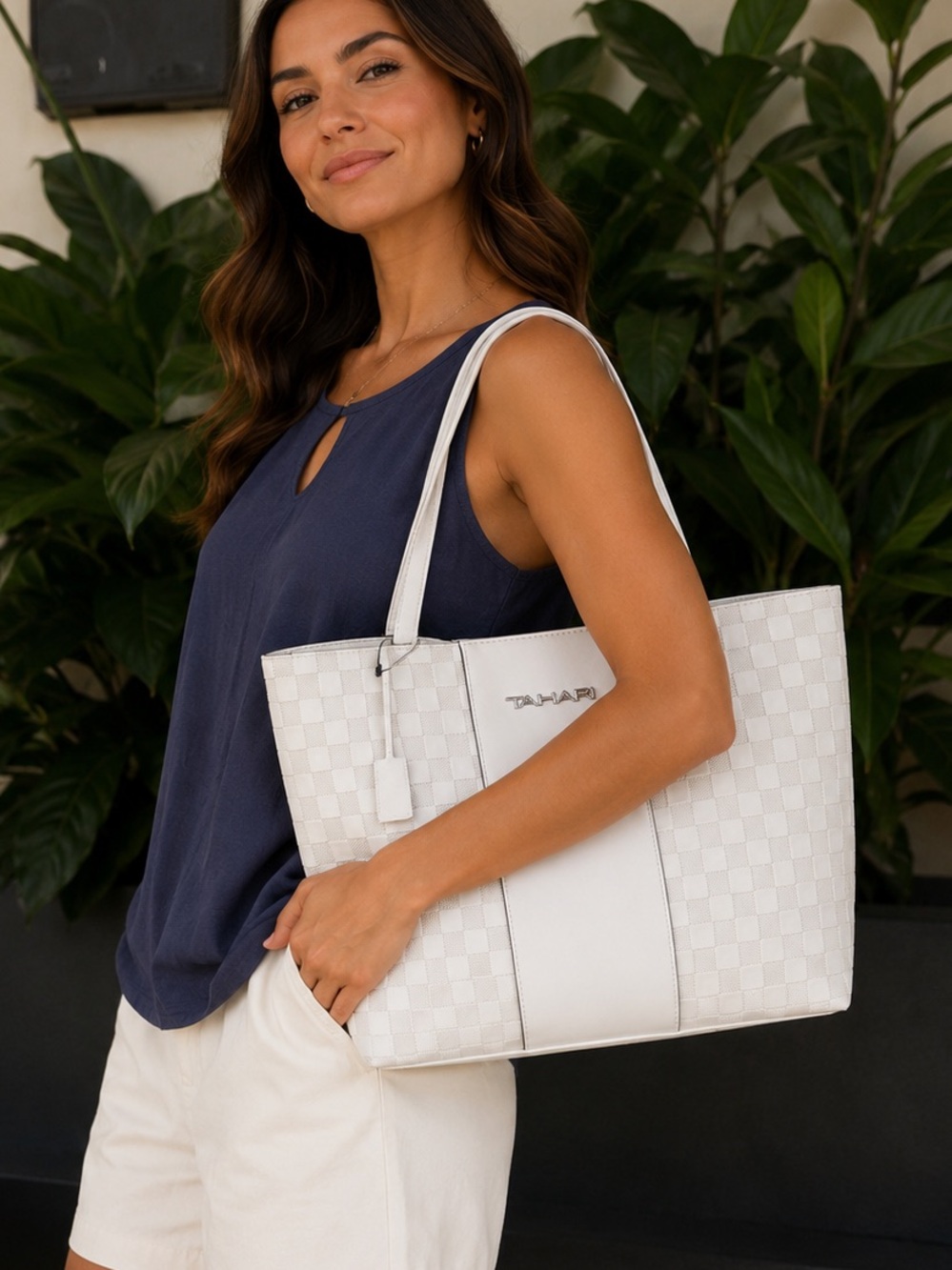 Tahari White Check-Pattern Tote